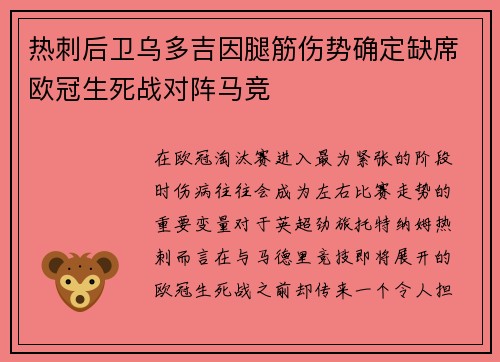 热刺后卫乌多吉因腿筋伤势确定缺席欧冠生死战对阵马竞